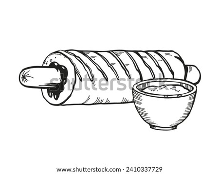 hand drawn vector illustration of fast food, ink sketch of hot dog in a bun and with mustard or sauce, black and white illustration of sausage with sauce isolated on white background