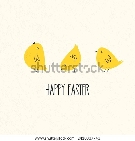 Easter holiday greeting card with funny yellow chickens. Vector illustration in a flat style