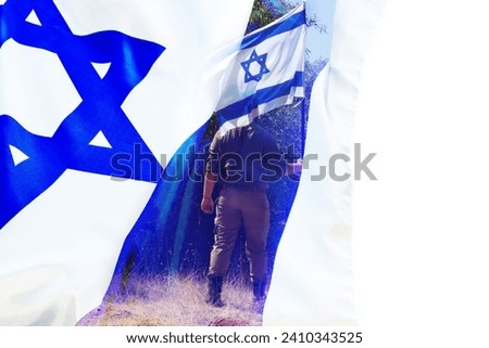 Flag Israel with white background for text, and under the banner an Israeli soldier is visible holding an Israeli flag in his hand. Concept: Israel, army IDF, Independence Day of Israel, Israeli flag Royalty-Free Stock Photo #2410343525