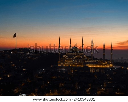 Mosque in Sunset Drone Photo, Camlica Mosque Uskudar, Istanbul Turkiye (Turkey) Royalty-Free Stock Photo #2410343831
