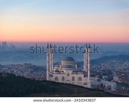 Mosque in Sunset Drone Photo, Camlica Mosque Uskudar, Istanbul Turkiye (Turkey) Royalty-Free Stock Photo #2410343837