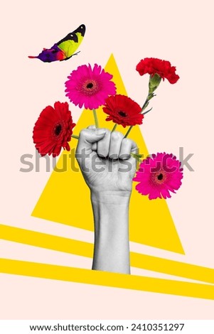 Creative collage vertical picture human arm holding bunch flowers summertime spring nature beauty flying butterfly harmony