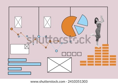 Creative collage picture illustration monochrome effect excited cheerful positive young lady clap interface unusual beige background