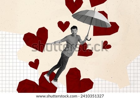 Creative drawing collage picture of funny man fly umbrella hearts rain valentine day dating concept weird freak bizarre unusual fantasy