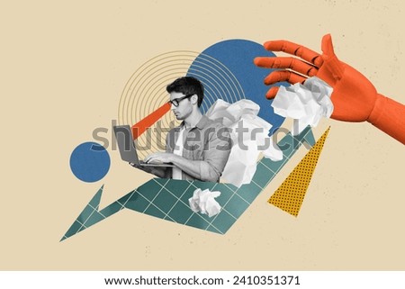 Collage picture of big wooden arm throw crumpled paper mini black white colors guy use laptop isolated on beige background