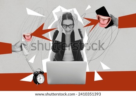 Creative collage picture illustration black white effect anxiety stressful depression young lady cries scream yell mouth phone template Royalty-Free Stock Photo #2410351393