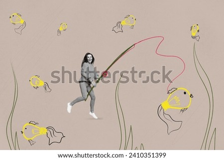 Composite collage image of excited mini black white effect girl hold fishing rid catch painted fish isolated on beige background