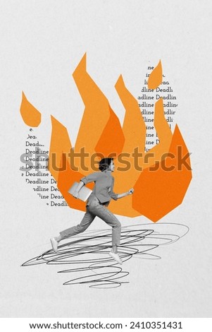 Vertical collage picture illustration deadline woman run work problems gadget laptop hold burn fire sketch draw doodle white background