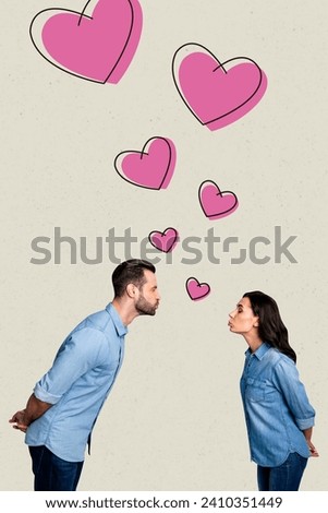 Vertical collage artwork picture of two cute people loving each other plump lips kisses with closed eyes isolated on gray color background
