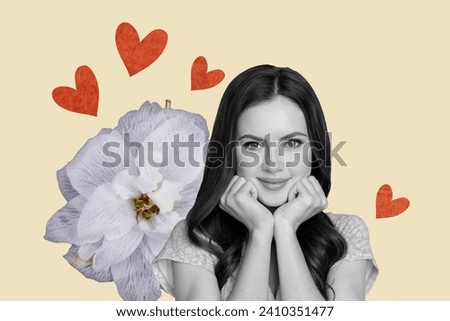 Magazine collage picture of dreamy charming lady arms cheek enjoying 14 february isolated beige color background