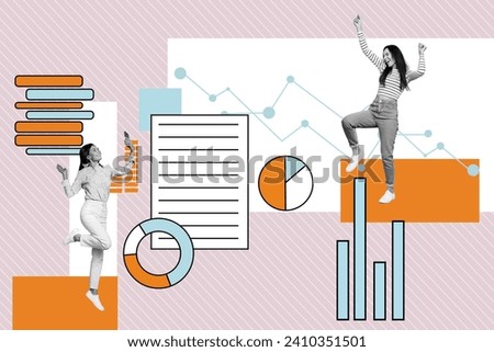 Creative collage picture illustration black white filter cheerful joyful funny young woman jump show note teamwork colleagues software