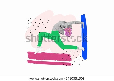 Psychedelic collage artwork of young funny lady stretching and jumping sport in ballet pose isolated on drawing colorful background