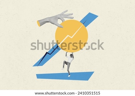 Collage picture of miniature hardworking young funny woman holding round element diagram pie chart isolated on gray color background