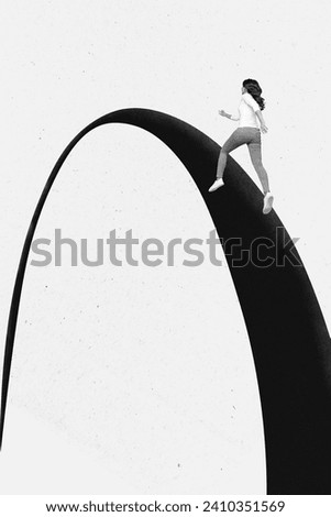 Vertical minimal photo collage black white gamma young woman running on semicircle arch self development goal isolated surrealism