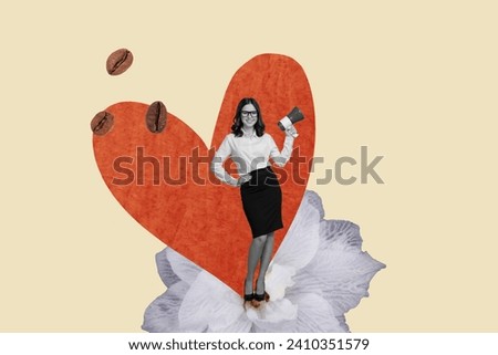 Collage artwork picture of charming businesswoman telling toa valentine day announcement isolated beige color background