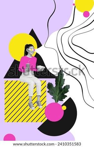 Vertical collage picture of excited black white colors girl hold popcorn soda drink watch movie 3d glasses isolated on painted background