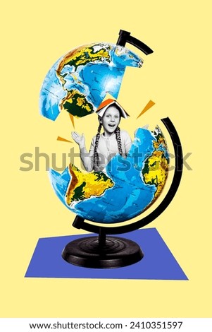 Vertical creative image picture collage young little girl pupil study geography broken globe planet earth education learner