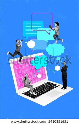 Vertical creative collage poster busy young people business affairs online communication huge laptop social network dialog Royalty-Free Stock Photo #2410351651