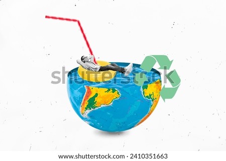 Creative photo illustration collage lying young man swimming ocean world planet sphere recycle pollution promo eco care white background