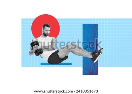 Horizontal creative photo collage of young strong attractive sportsman do exercise on abs abdominal zone hold barbell concentrated