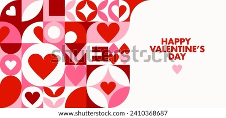 Valentines day modern abstract geometric banner with Bauhaus pattern. Valentines day, romantic love holiday vector banner or poster with red and pink Bauhaus abstract geometric hearts background