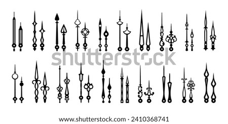 Clock hands, isolated watch arrows and time pointers. Old vintage hour, minute and second hands vector silhouettes with antique decorations and metal ornaments. Classic clock hands, clockworks themes