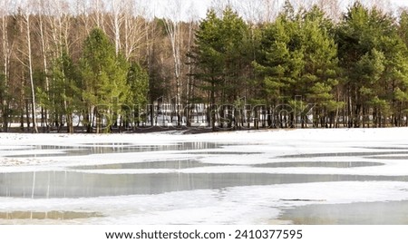 Early spring landscape with melting snow and thawed patches in the lake against the backdrop of a forest. Spring is approaching, the month of March. Nature is waking up.
