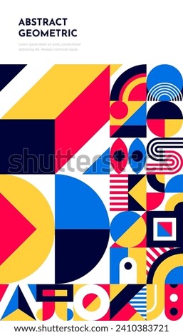 Abstract template poster with Bauhaus geometric pattern. Corporate identity poster, retro minimalism background, business presentation flyer vector layout with abstract geometrical Bauhaus shapes