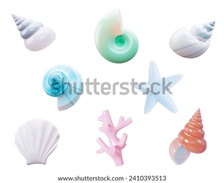 Set with colored sea shells, molluscs, coral, sea snails, starfish 3d render. Sea animals. Marine life objects. Seashell summer symbol concept.