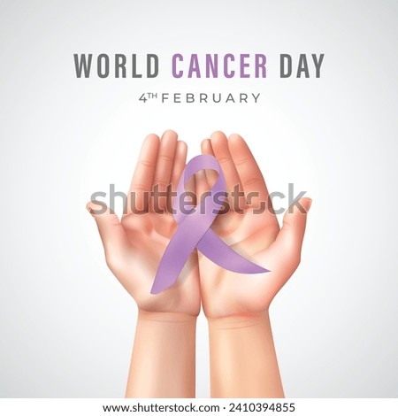 World Cancer Day Concept Post and Banner Design. Cancer Day Flyer with Hands holding Ribbon and Text Vector Illustration.