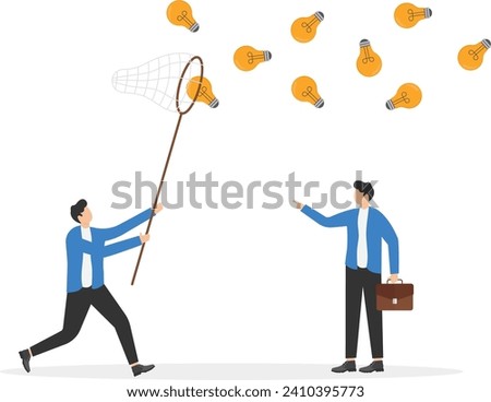 Manager and team catching ideas with a butterfly net. Concept business vector illustration, Flat business cartoon, Character design style.


