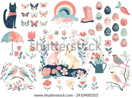 Easter spring set with cute birds, eggs, butterflies, bunnies. Hand drawn vector spring elements.