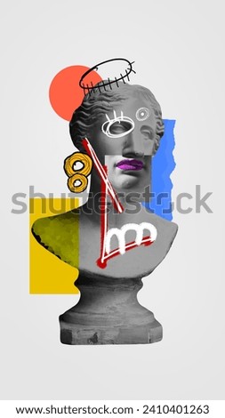 Black and white antique statue bust, plaster sculpture with doodles over white background. Contemporary art collage. Concept of postmodernism, creativity and surrealism, imagination. Poster, ad