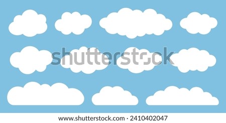 Set of cartoon clouds in flat design. White clouds isolated on blue background. Vector illustration.