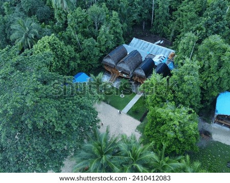 Aerial View of a Green Urban Jungle with Empty Buildings and Lush Foliage, 'air belanda resort' in sawai saleman, maluku, indonesia