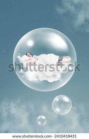 Vertical creative surreal photo collage poster banner collage of levitating woman sleeping in bubble sky clouds comfort rest dream