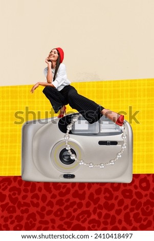 Vertical image collage artwork of successful famous woman posing for vogue album vintage photo camera isolated on yellow color background