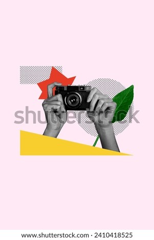 Creative vertical picture photo collage black white hands hold camera take photo filming outside enviroment nature white background