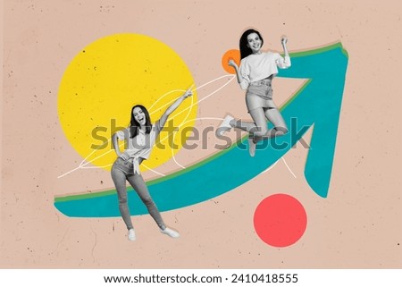 Artwork collage image of two black white effect girls jump raise fists point finger growing arrow upwards isolated on beige background