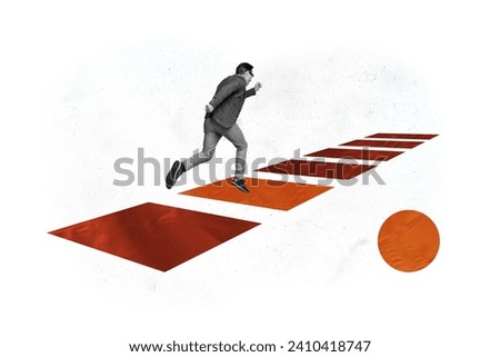 Creative collage picture illustration black white filter excited successful fast young man run jump path target unusual white background