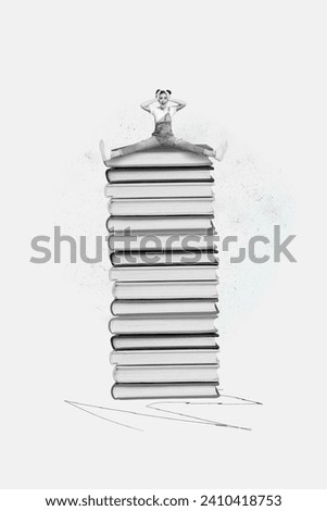 Vertical creative collage picture amazed young girl student sitting top book stack literature geek knowledge education bookshop discount