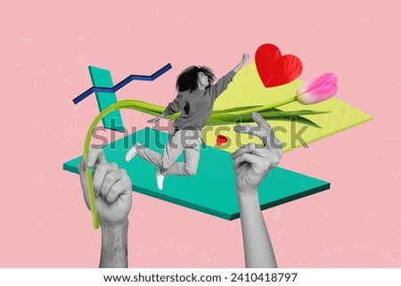 Photo collage of funny young girl love when someone surprises her with international women day take tulips isolated on pink background