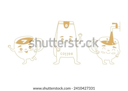 Set of golden cut characters coffee and cup with faces. Good morning concept. Vector illustration for design menu page, welcomes. 