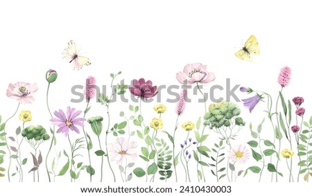 Wildflowers, green wild plants and flying butterflies, seamless pattern with colored flowers, watercolor isolated illustration, floral horizontal border, hand painting summer meadow, nature background