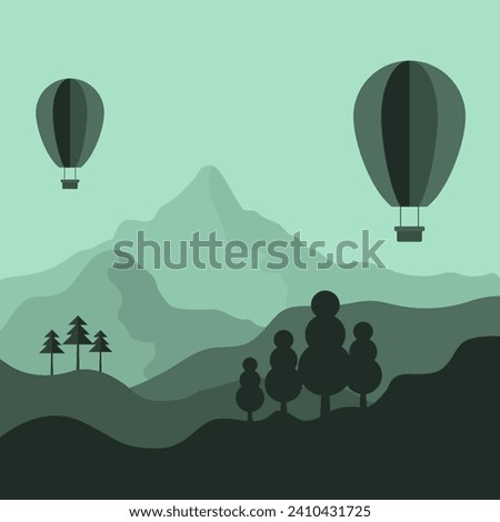 Monotone of mountain landscape with flying hot balloon, nature relax and vacation journey concept, vector illustration editable object and shape copy space for individual text Royalty-Free Stock Photo #2410431725