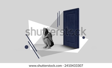 Contemporary art collage. Young tired, woman in apathy sitting covering face with her hands near door symbolizing fear of new things, society. Concept of melancholy, depression, mental health, phobia