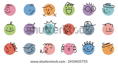 Vector illustration of abstract faces of different colors and expressions drawn on hand-drawn circles Royalty-Free Stock Photo #2410435755