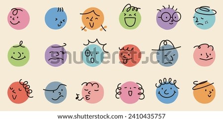 Vintage style vector illustration of hand-drawn abstract faces of different colors and expressions in circles Royalty-Free Stock Photo #2410435757