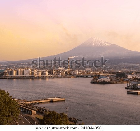 Japan industrial factory area with Fuji mountain and blue sky background view from Fishing port, Fujinomiya City, Shizuoka, Japan	 Royalty-Free Stock Photo #2410440501