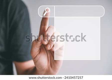 Male finger pushing Search button on virtual screen, SEO search engine optimization and data searching technology concept,s elective focus Royalty-Free Stock Photo #2410457257